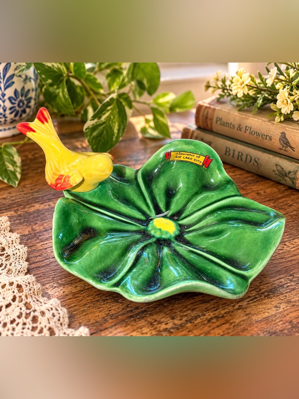 Vintage Salt Lake City Souvenir Ceramic Bird Leaf Dish Mid Century Kitsch